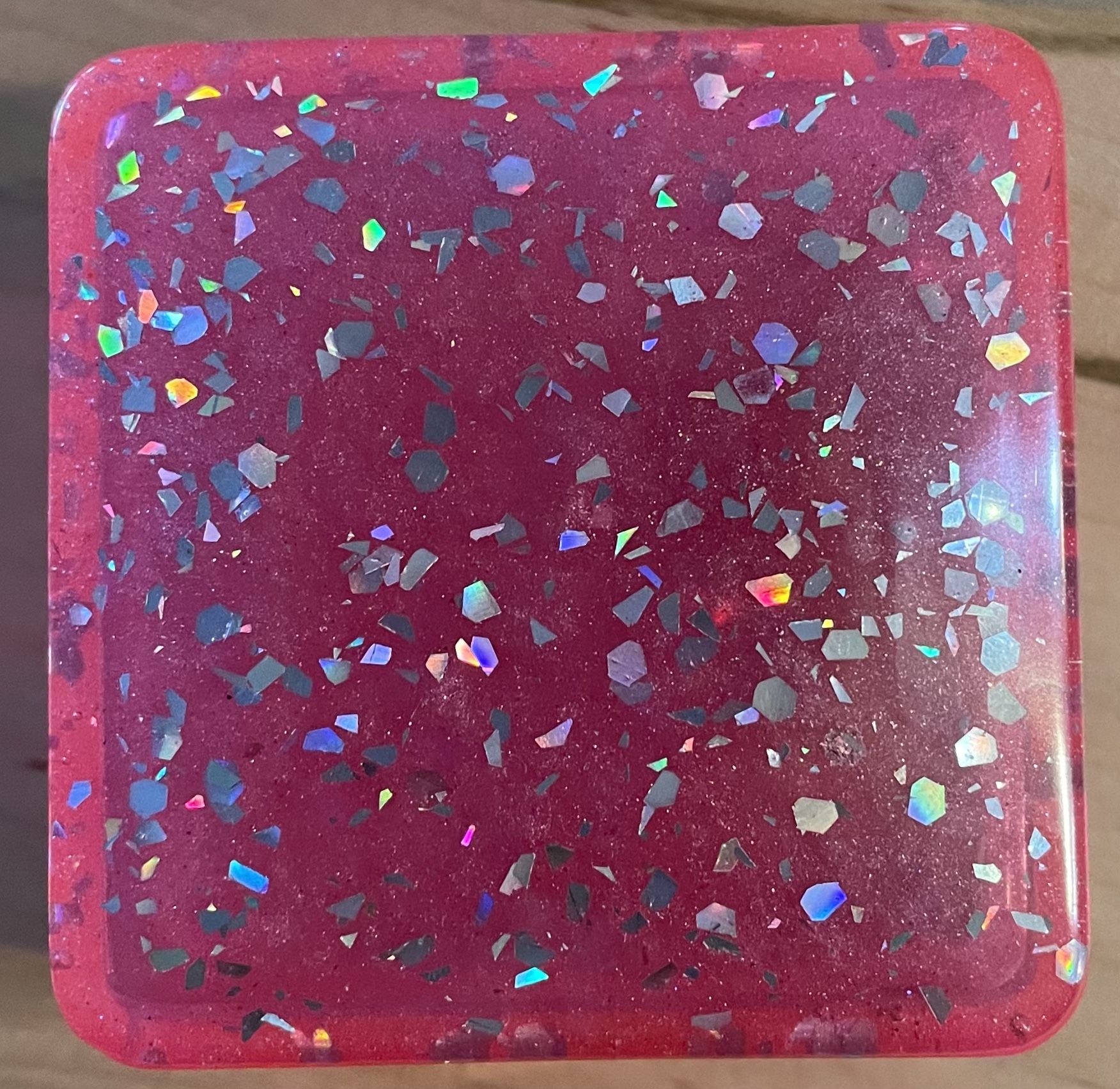 3”-wide, 3”-long, 1.5”-tall Pink & Silver Glitter Resin Box