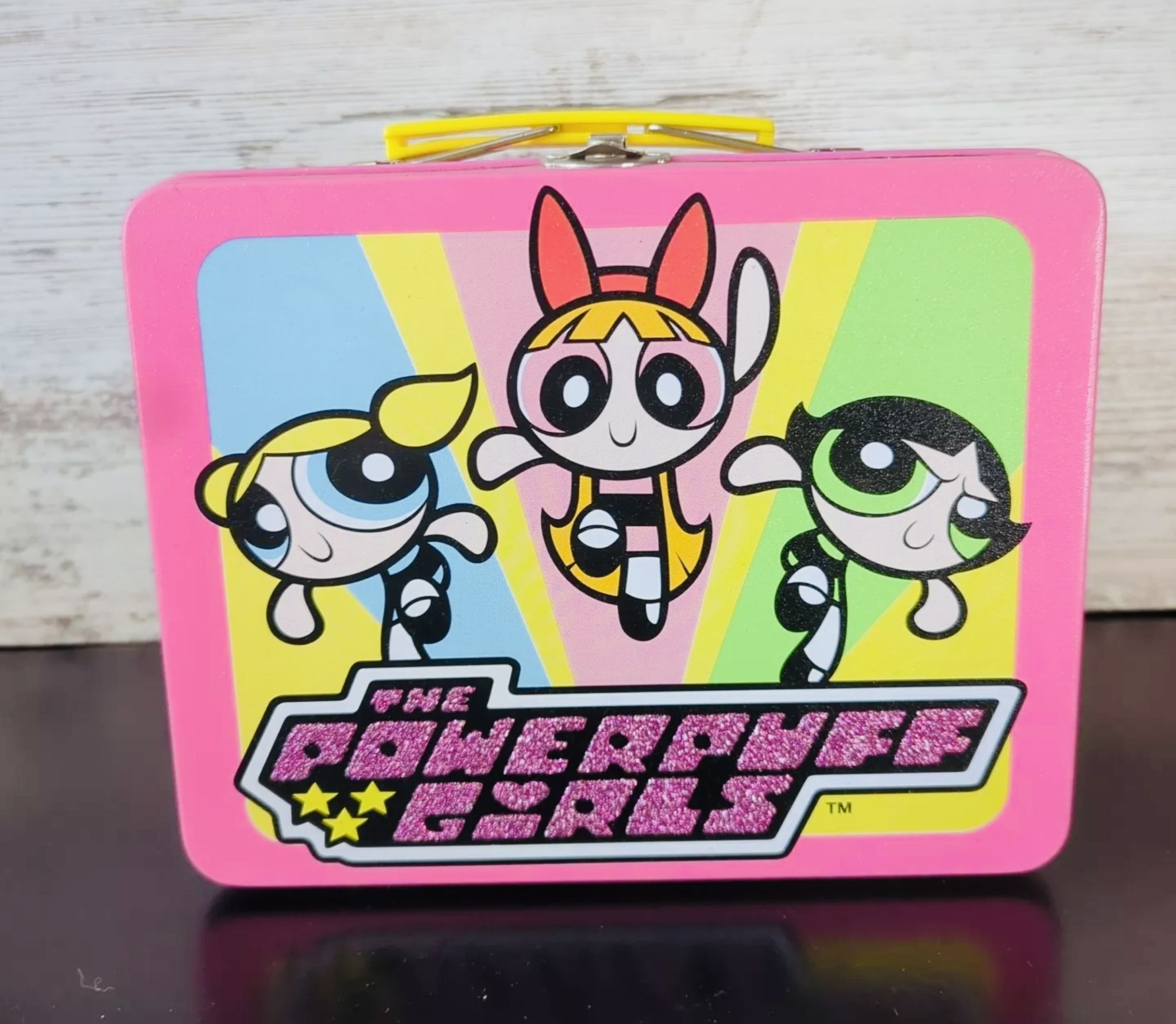 Vintage Powerpuff Girls Cartoon Network Pink Glitter Metal Lunch Box Rix