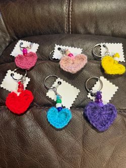 Crochet heart keychains with beads