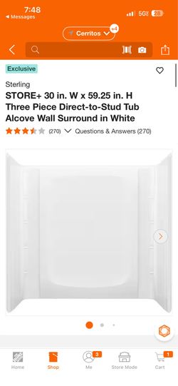 Sterling STORE+ 30 in. W x 59.25 in. H Three Piece Direct-to-Stud Tub Alcove Wall Surround in White