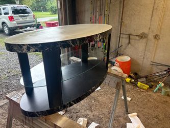 Oval Black Marble-Print TV Stand with Glass Shelf