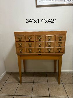Vintage 15-Drawer Wooden Library Card Catalog with Stand