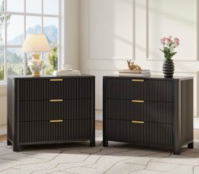 New assembled 31.5-Inch Fluted Night Stand with 3 Drawers (Set of 2) Oversized Nightstand, Extra Large Bedside Table for Bedroom Living Room, Modern S