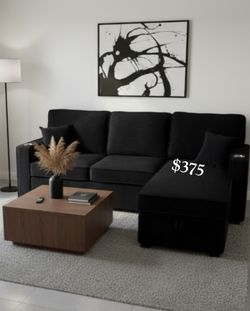 Brand New!!! Black Corduroy Sectional Sofa With Pull-out Bed & Storage 