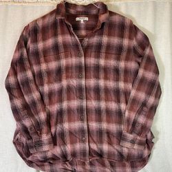 Madewell Womens Medium Oversized Ex Boyfriend Flannel Button Down Shirt Burgundy