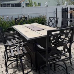 Patio Fire Pit Dining Set with 6 Swivel Bar Stools