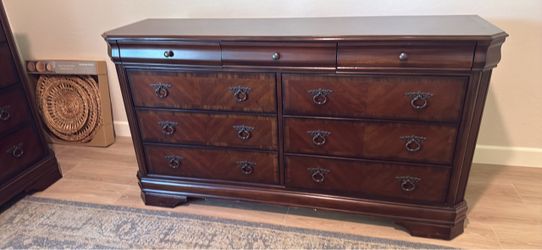 Dark Cherry Wood Dresser with 9 Drawers