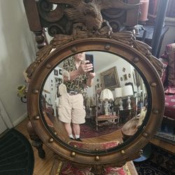 Beautiful Antique Federal Round Convex Mirror With Carved Eagle & Wheat Bundles Crest On Top ! Circa 1920's! 