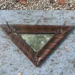 RARE ANTIQUE VTG TRIANGLE WOOD WITH MIRROR WALL COAT HAT RACK BEAUTIFUL 27.5X14”
