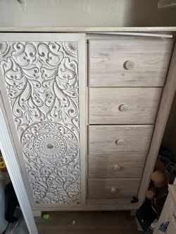Whitewash Wood Dresser with Carved Door Panel