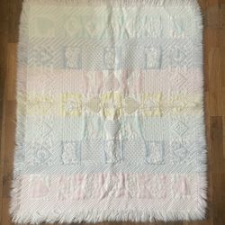 Vintage Woven Pastel Baby Blanket – Hearts, Bears, ABC/123 – 40x32