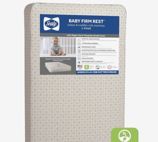 Sealy Baby Firm Rest Antibacterial 2-Stage Dual Firmness Waterproof Baby Crib Mattress & Toddler Bed Mattress, 204 Premium Coils, Medical-Grade Surfac