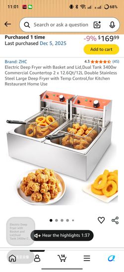 Electric Deep Fryer with Basket and Lid,Dual Tank 3400w Commercial Countertop 2 x 12.6Qt/12L Double Stainless Steel Large Deep Fryer with Temp Control