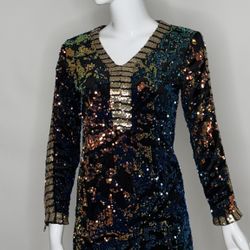 Multicolor Sequin Mini Dress – V-Neck, Long Sleeve, Size Medium