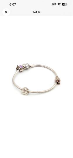 Pandora Sterling Silver Charm Bracelet 7" w/ 3 Charms Elephant Teddy Teapot Hear
