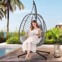 Hanging Egg Chair with Stand, Outdoor Indoor Egg Swing Chair with Cushion Headrest, Rattan Wicker Egg Chair with Dual Chains, 350LBS Capacity for Pati