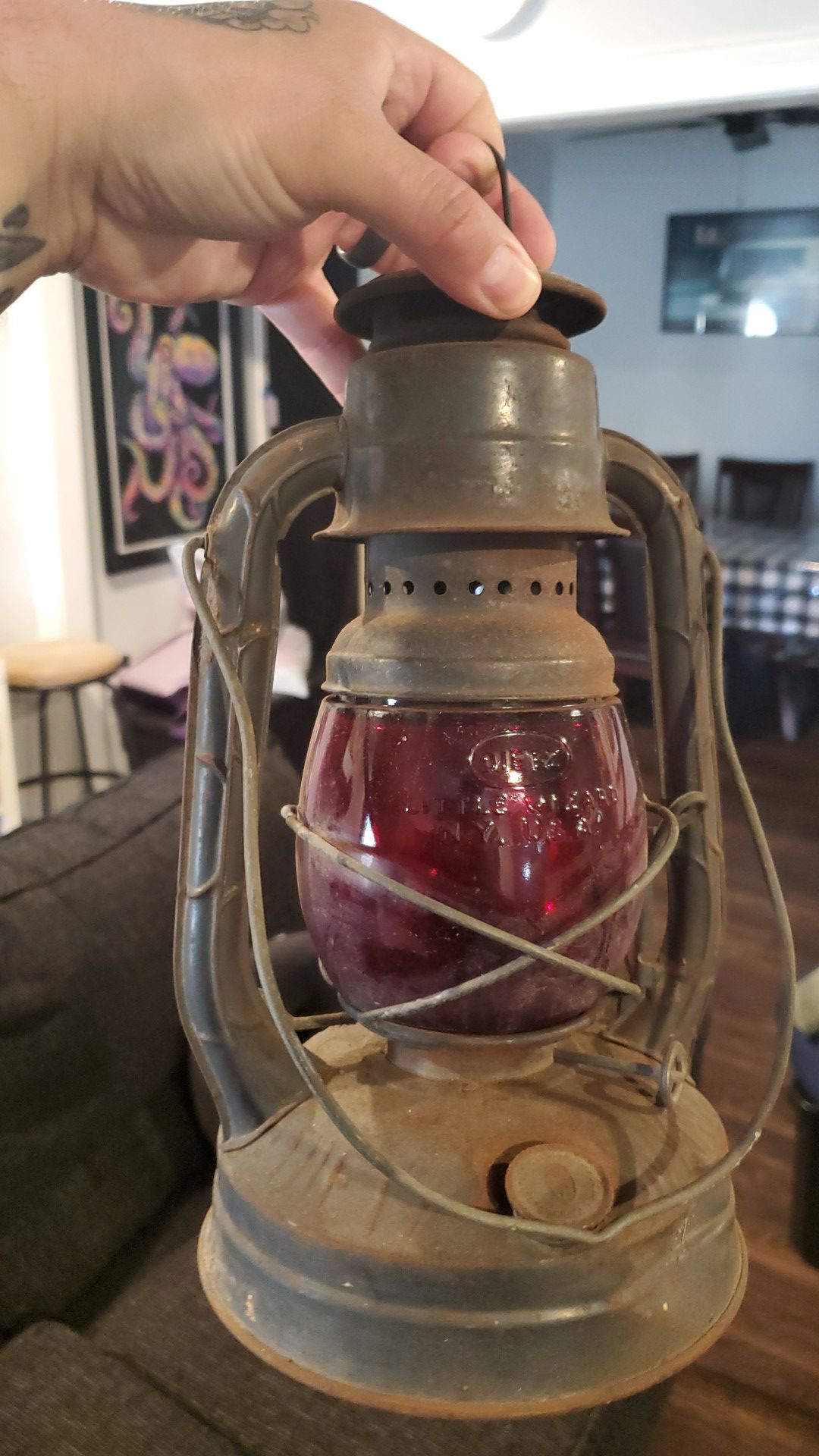 Vintage Dietz Little Wizard red glass globe lantern rusted