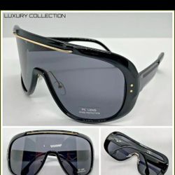 OVERSIZED EXAGGERATED RETRO SHIELD Style SUNGLASSES Large Huge Black Gold Frame