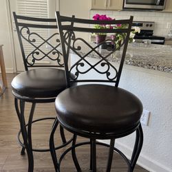 Set of 2 Bar Stools – Metal Frame with Brown Cushioned Seat – Great Condition