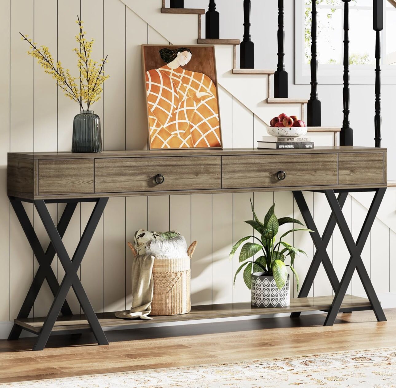 New assembled 71 Console Table with Storage, Large Sofa Table with Drawers, Farmhouse Entryway Table with Shelves, Industrial Hallway Table, Long fory