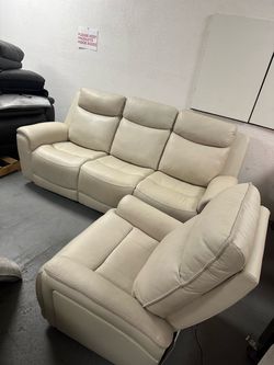 Cream Leather Reclining Sofa and Chair Set