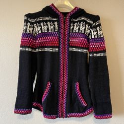 Women’s Black Purple & Pink Alpaca Zipper Front Pockets  Hooded Jacket, Size S