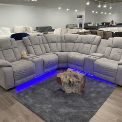 Beautiful Power Reclining Sectional With Led Lighting And Wireless Phone Charger 