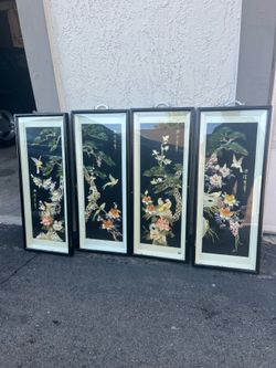 Asian Mother of Pearl Wall Hanging Panels 13" x 32" Set of 4 / Vintage