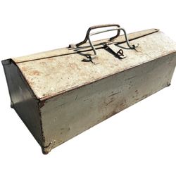 Vintage Rustic Steel Fold Hinge Top Lockable Tool Box Chest with Tray! 21x9x8in