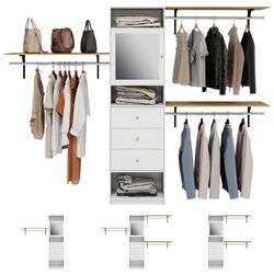 96'' Closet System with Drawers, 8FT Closet Organizer System with Mirror Cabinet& 3 Shelving Towers, Built-In Clothes Garment Rack with 3 Extendable H