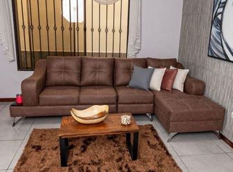 Brown Fabric L-Shaped Sectional Sofa