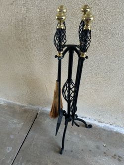 Wrought iron & brass 5 piece fireplace set