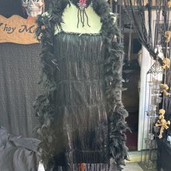 Flapper Halloween costume Black Fringe Dress, Feather Boa