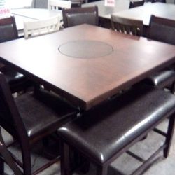 Dining Set Table Four Chairs And Bench With Lazy Susan Brand New.$49 down same day delivery available 