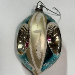 Vtg Germany Glass Triple Indent Reflector Teardrop Ornament Pink Blue Mica 4"