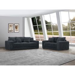 Dark GreyCorduroy Fabric Upholstered Stationary Sofa Set Square Armrests Sturdy L-Shape Plastic Legs  Throw Pillows Included Brand New Firm Price $999