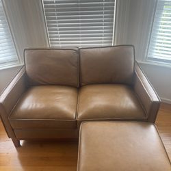 Mid Century Modern Leather Love Seat And Ottoman