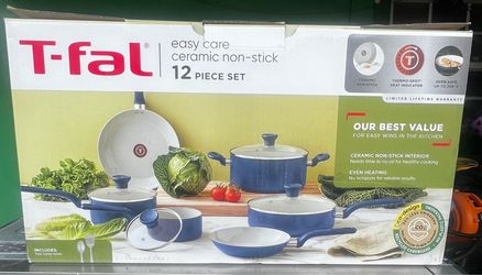 T-fal Easy Care Ceramic Non-Stick, 12 Piece Pots and Pans Cookware Set, Electric Blue