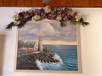 Large 45” x 45” Lighthouse Wall Art + Floral Arrangement