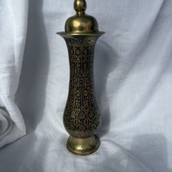 Lidded Brass Heavily Etched Vase w Flowers