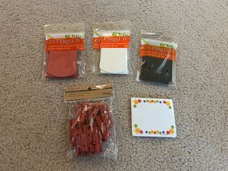 2.5 in x 4 in pack of Red, Black, and White Paper Sacks, 25 in each package, set of 30 Red Mini Clothespins, Lakeshore Star Nametags