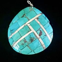 Unique Pendant Seashell With Turquoise & Silver Overlay Handmade 