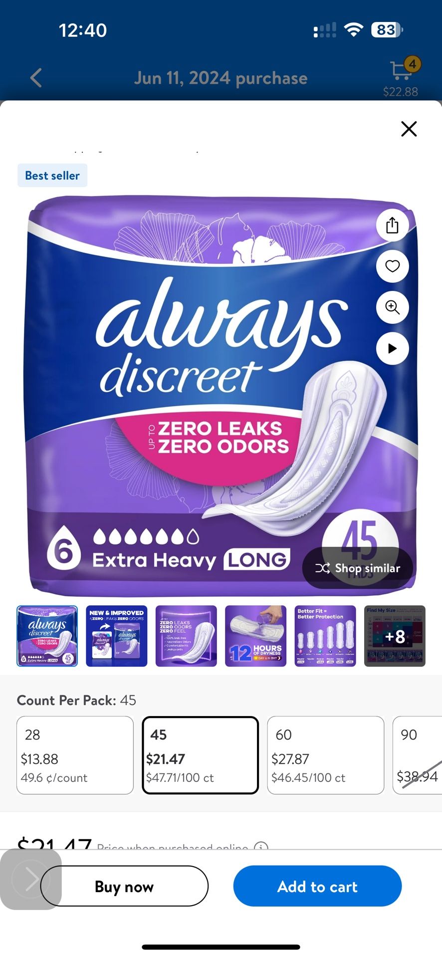 New Always Discreet Incontinence Pads, Extra Heavy Absorbency, Long Length, 45 CT