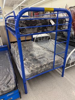 STORE CLOSING! Blue Metal Twin/Twin Bunk Bed with Mattresses