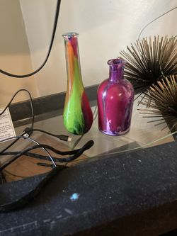 2pc Hand painted Boho glass Stem Vase And Jar 