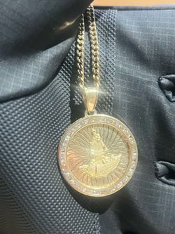 14K Yellow Gold Curb Link Chain 22” + 10K Pendant Caridad Del Cobre
