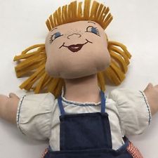 Vintage Handcrafted Cloth Rag Doll 16" Blonde Hair Blue Eye Apron Checked Skirt 