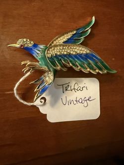 Vintage Trifari Enamel Bird Brooch Rare 1960’s Large Pin