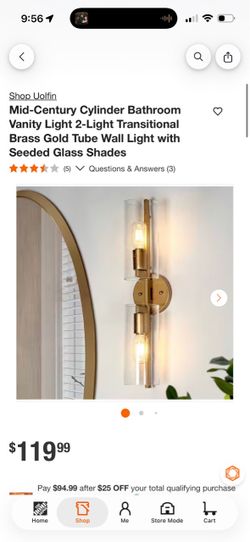 Uolfin Mid-Century Cylinder Bathroom Vanity Light 2-Light Transitional Brass Gold Tube Wall Light with Seeded Glass Shades