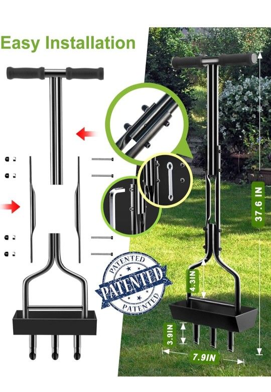 Lawn Aerator Coring Garden Tool with Soil Core Storage Tray, Manual Yard Plug Aerators & Clean Tool, Grass Aeration Gardening Tools with 3 Tines for L